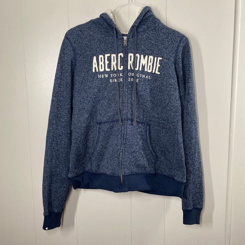 Abercrombie & Fitch Sherpa Lined Zip Hoodie Blue Logo Jacket Size L
